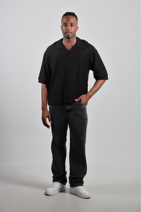 Polo Negro Boxy Fit Cuello Sport