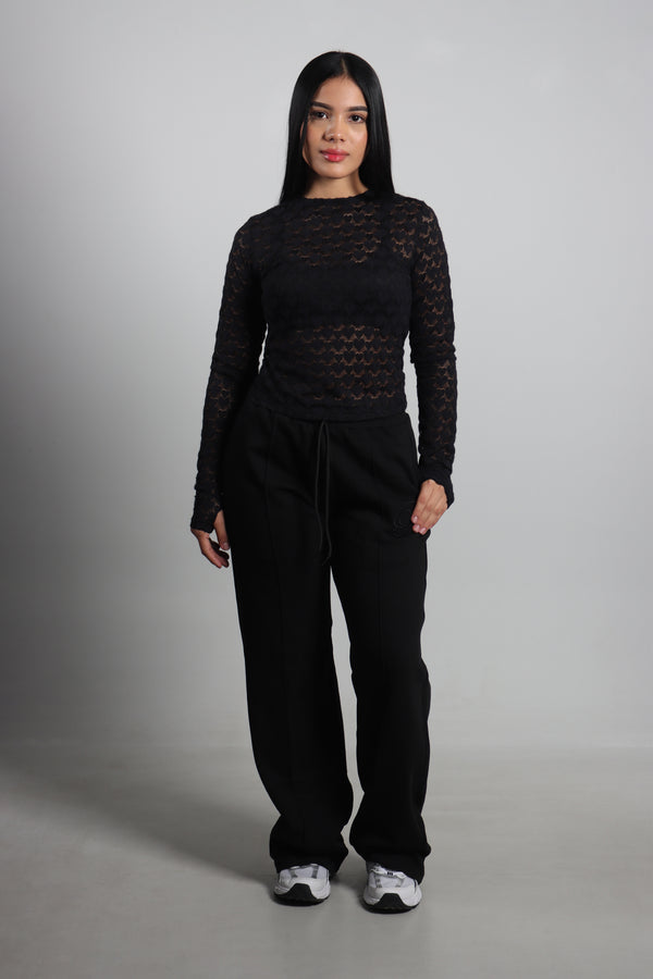 Blusa Manga Larga Negro Blonda Corazones