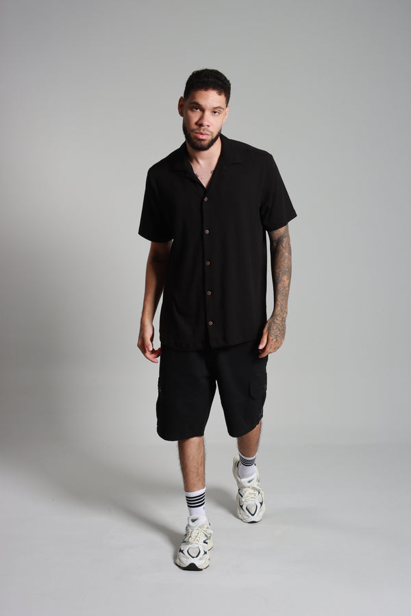 Camisa Manga Corta Negra Cuello Sport Textura
