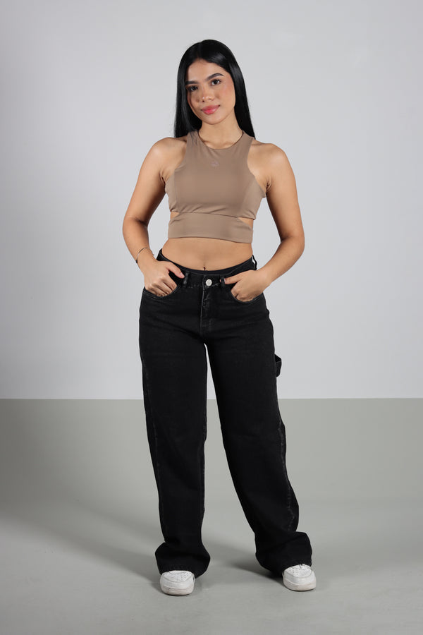 Blusa Cortes Beige Banda Cintura