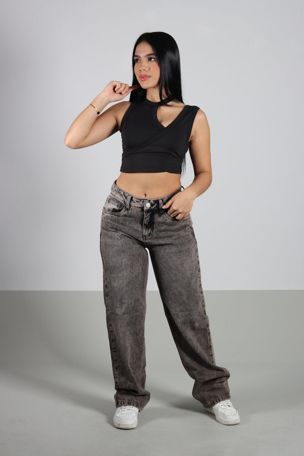 Crop Top Negro Asmetrico