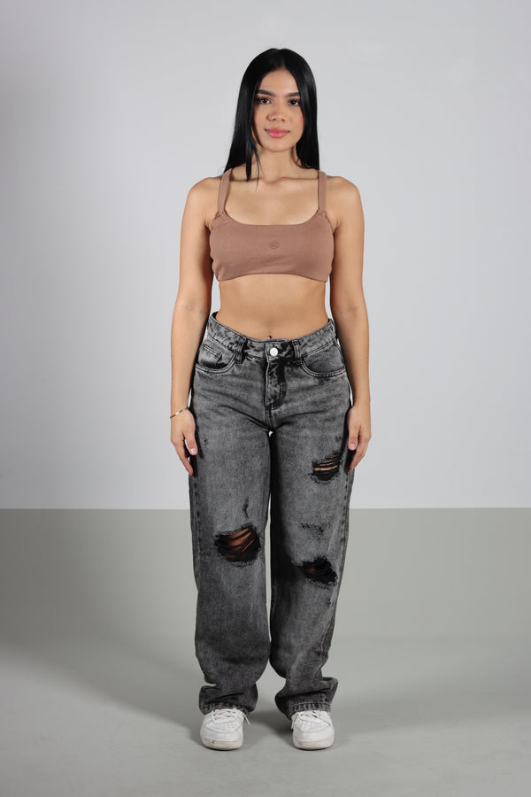 Pantalon Gris Rotos Recto