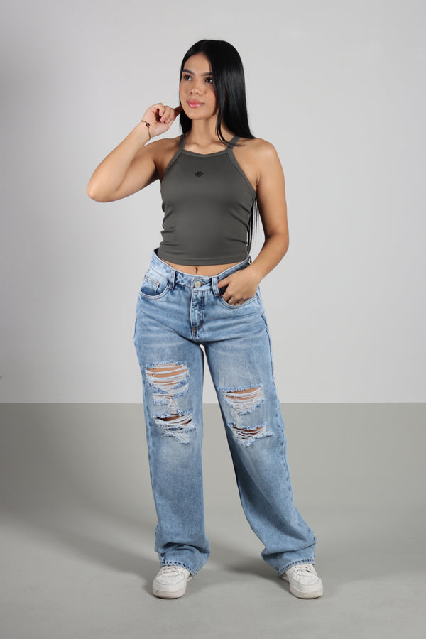 Blusa Verde Militar Escote Recto De Tiras