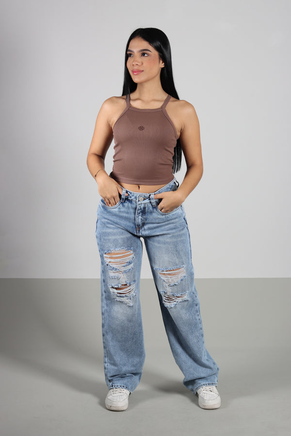 Blusa Marron Escote Recto De Tiras